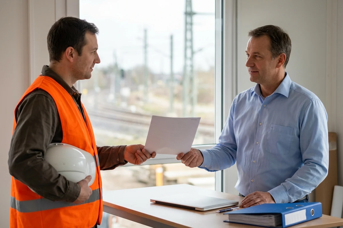 Responsable d'entreprise remettant une autorisation écrite à un salarié en tenue de chantier