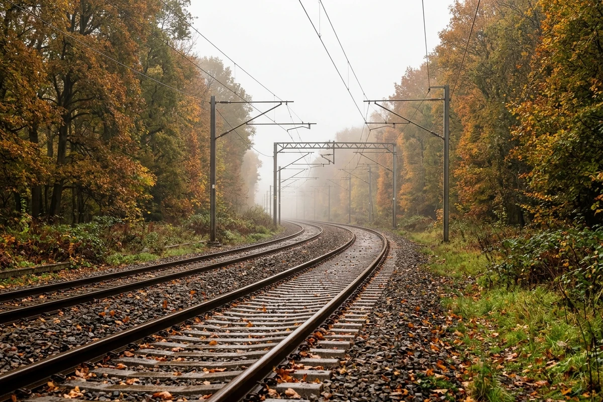 Voie ferrée en automne : rails humides et feuilles mortes au sol