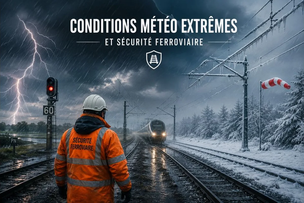 Conditions météo extrêmes et sécurité ferroviaire : agents sur voie sous l'orage