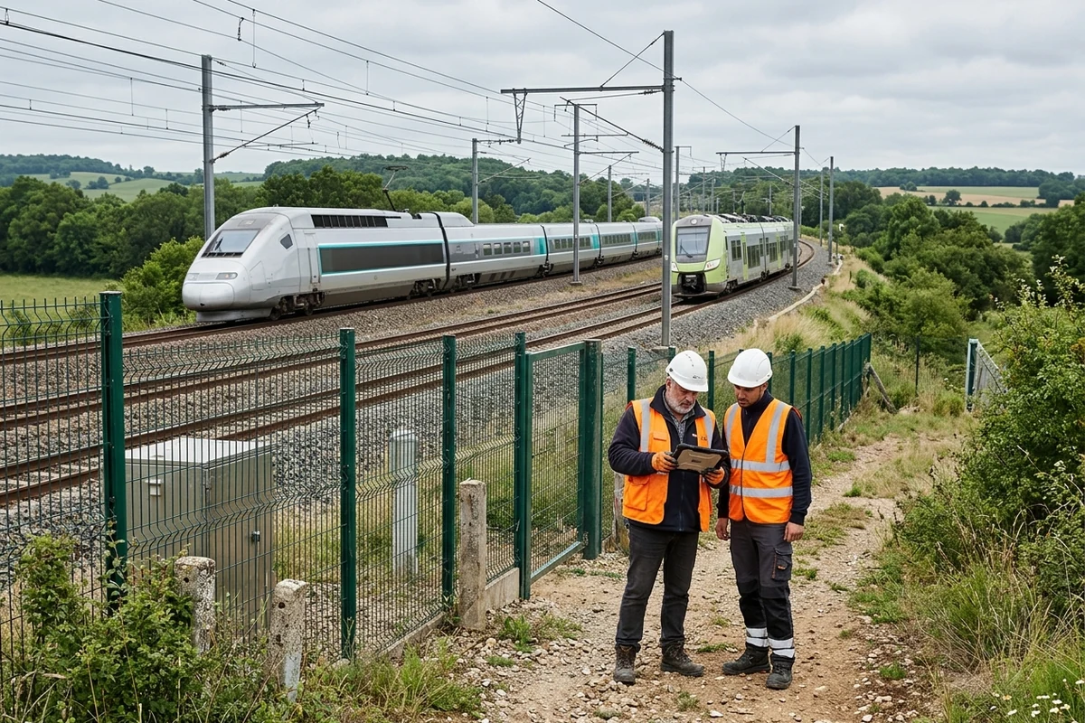 Agents en tenue haute visibilité derrière la clôture d'une ligne où se croisent deux trains