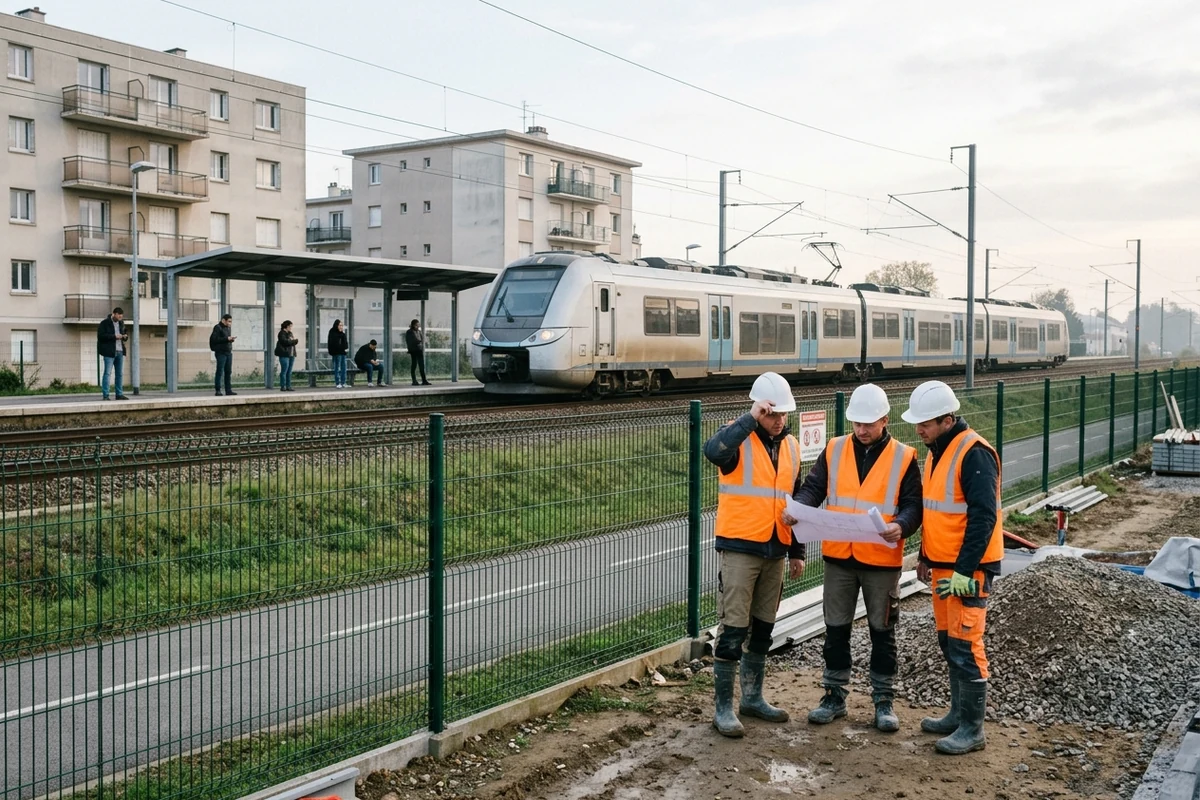 Agents en tenue haute visibilité derrière une clôture, à l'écart des voies, près d'une halte où arrive un train régional